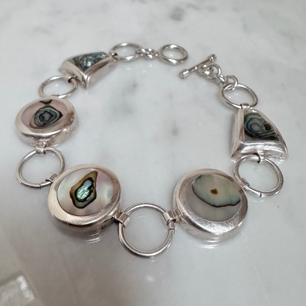 925 Sterling Silver Round & Trapezoid Shape Abalone Chain Link Toggle Bracelet